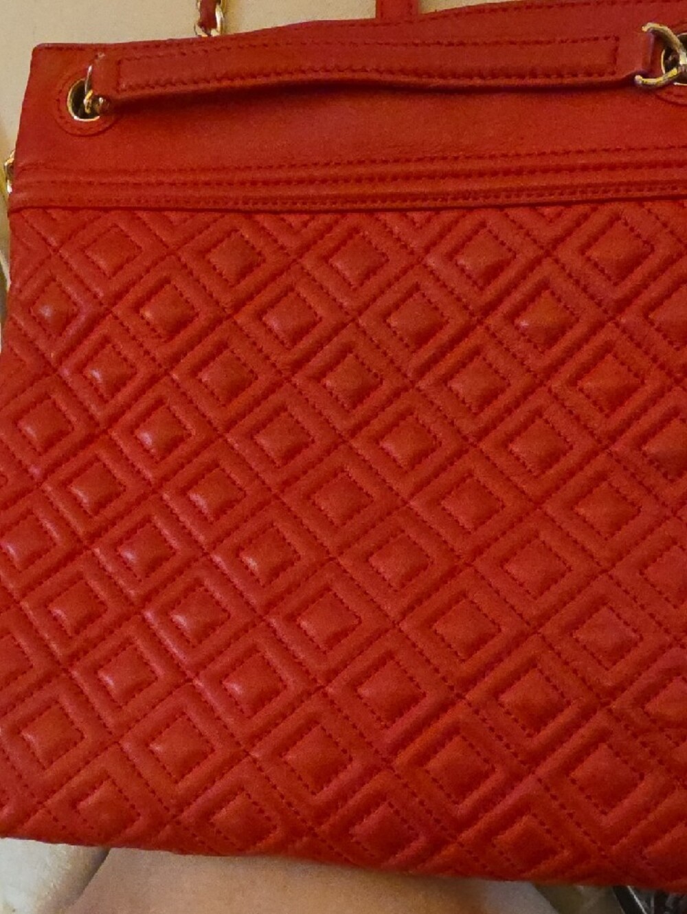 Quilted Red Tote with Diamond Stitch Detail - Picture 2 of 5